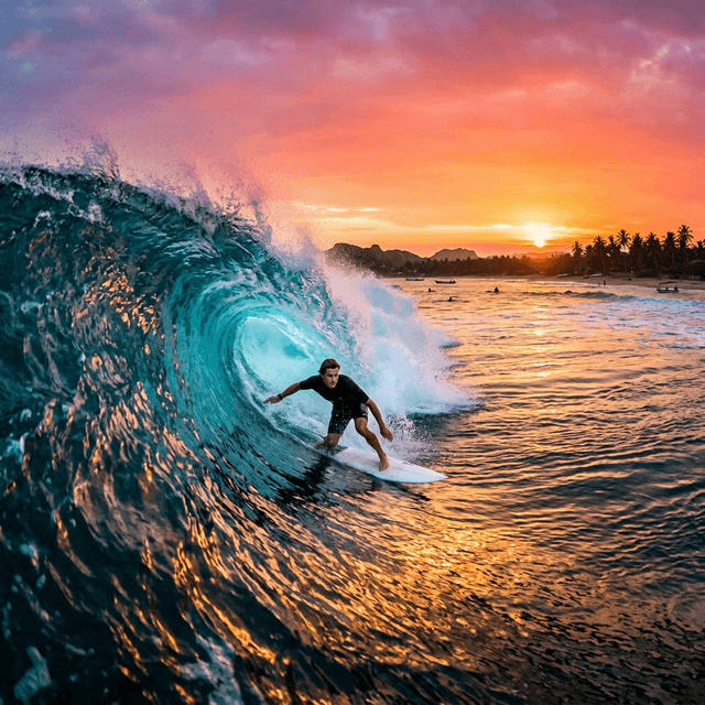 Surfer riding a wave at sunset in Arugam Bay